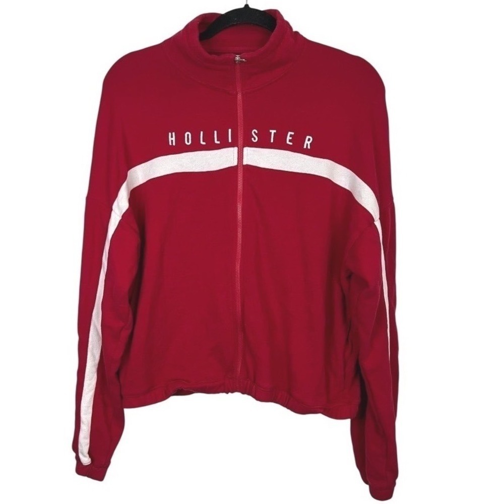 Hollister Women's Red/White Striped Full Zip Track Jacket - Size Large
